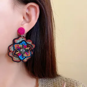 Retro ethnic embroidered floral drop earrings with colorful beads and rhinestone