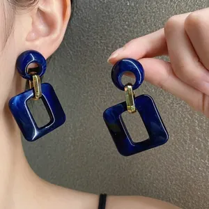 Geometric Acrylic Drop Earrings With Silver Earring Post Blue Marble Pattern Rectangular Dangle Jewelry For Women Gift