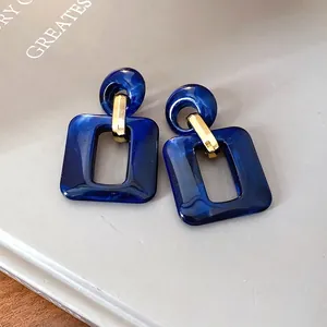 Elegant navy blue marbled acrylic square geometric drop earrings with silver pins
