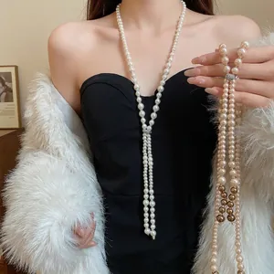 French Light Luxury Long Tassel Artificial Pearl Necklace For Women Alloy Rhinestone Y-Shaped Clavicle Chain Elegant Jewelry