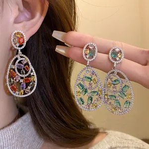 Elegant silver-tone oval drop earrings with multi-colored sparkling zircons for women.