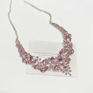 Vintage pink teardrop crystal necklace with an elegant silver-tone chain for women