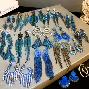 Exaggerated Alloy Rhinestone Geometric Long Tassel Drop Earrings With 925 Sterling Silver Earring Post Blue Glitter Tassel Earrings For Women Party Jewelry