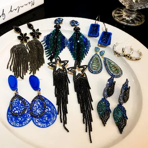 Exaggerated long tassel rhinestone earrings in geometric and star shapes for women