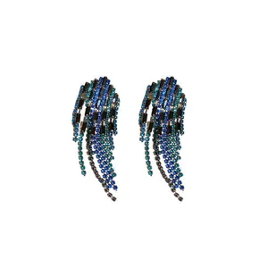 Exaggerated long tassel drop earrings featuring blue and green gradient rhinestones