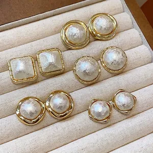 Pendientes de Botón de Perla de Algodón Chapados en Oro Vintage Francés para Mujer Poste de Plata de Ley 925 Joyería