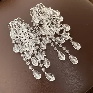 Exquisite long cascading crystal tassel earrings with clear teardrop beads for women