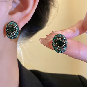 Vintage Oval Alloy Rhinestone Stud Earrings With 925 Sterling Silver Earring Post Emerald Green Inlaid Retro Luxurious Earrings For Women