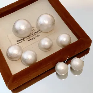 Vintage French Style Artificial Pearl Stud Earrings With Silver Earring Post Elegant Handmade Matte Texture Jewelry For Women