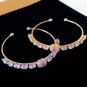 Fashion Copper Rhinestone Open Bangle Oval Geometric Bracelet For Women Light Luxury Style Jewelry Gift