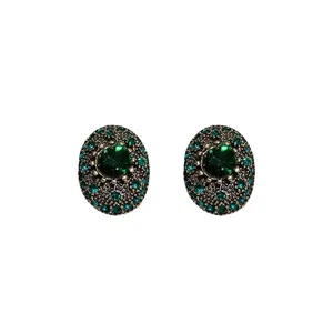 Vintage green crystal oval stud earrings with emerald rhinestones on antique gold base