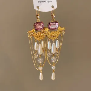 Boucles d'Oreilles Pendantes de Style Palais Vintage Français Avec Tige en Argent Sterling 925 Alliage Strass Perle Artificielle Gland Boucles d'Oreilles pour Femmes
