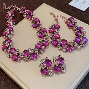 Vintage Lega Strass Fiore Foglia Pendente Geometrico Collana Bracciale Orecchini a Bottone Viola Design Floreale Retro Moda Gioielli Donna Accessori