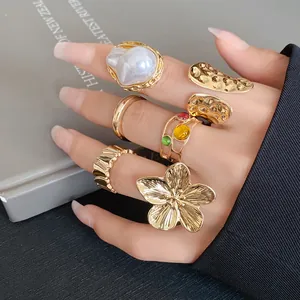 Close-up view of a stylish gold-tone geometric irregular open ring set on a hand