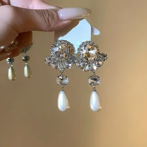 Elegant Alloy Rhinestone Flower Drop Earrings For Women Artificial Pearl Teardrop 925 Sterling Silver Earring Post