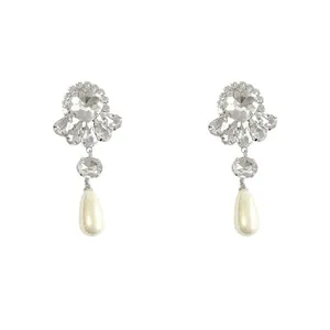 Elegant silver flower earrings with sparkling rhinestones and teardrop pearl drops