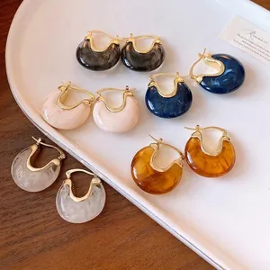 Vintage Geometric Resin Ear Buckle Earrings With 925 Sterling Silver Post Gold Marble Pattern Women Fashion Jewelry