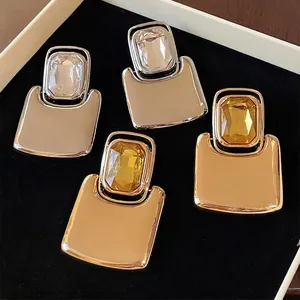 Western Style Large Square Metal Stud Earrings With Silver Post Rhinestone Inlaid Geometric Heavy Metal Fashion Jewelry