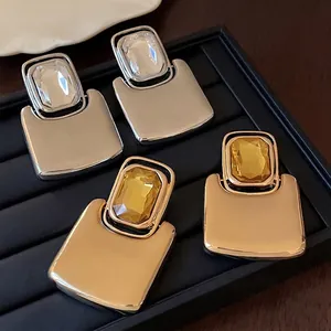 Oversized geometric square metal stud earrings with sparkling rhinestones fashion jewelry