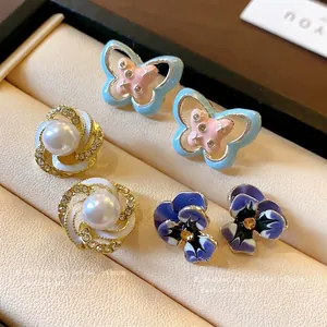 Vintage Sweet Alloy Rhinestone Flower Butterfly Stud Earrings With 925 Sterling Silver Earring Post Enamel Mixed Color Ear Jewelry For Women