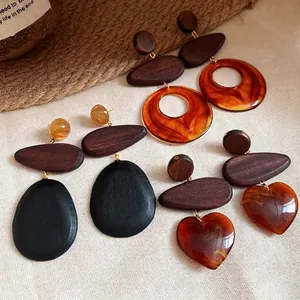 Vintage Ethnic Wood Resin Waterdrop Heart Dangle Earrings 925 Sterling Silver Earring Post Elegant Geometric Earrings Women Jewelry