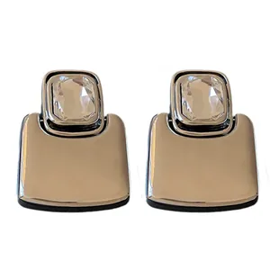Geometric silver metal stud earrings with square sparkling crystal inlay for women