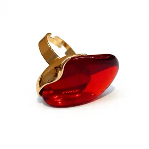 Bold red resin oval open ring with gold-plated finish for women's fashion statement