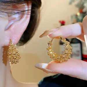 Vintage 18K Gold Plated Copper Hoop Earrings For Women Luxury Hollow Round Geometric Stud Earrings With 925 Silver Post