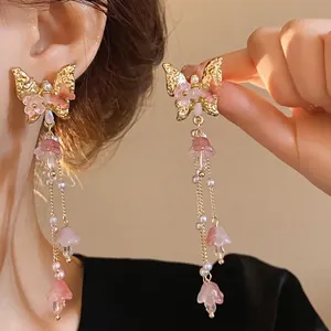 Forest Style Butterfly Tassel Drop Earrings With 925 Sterling Silver Earring Post Pink Artificial Crystal Pearl Women Jewelry