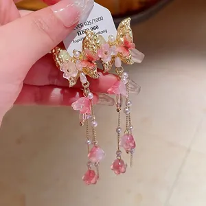 Elegant butterfly tassel earrings with pink crystals and 925 silver needle for women.
