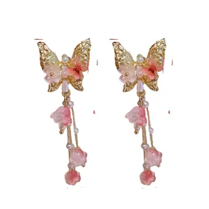 Elegant butterfly crystal tassel earrings with silver needles for a sweet fairy aesthetic