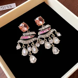 Vintage Alloy Rhinestone Square Water Drop Fringe Earrings With Silver Earring Post For Women Luxury Wedding Party Jewelry