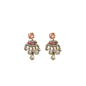 Vintage luxury drop earrings with square pink stones and teardrop crystal tassels
