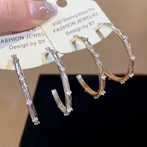 Korean Copper C-Hoop Cross Earrings With Zirconia Inlay And 925 Sterling Silver Post For Women Fashion Jewelry Gift