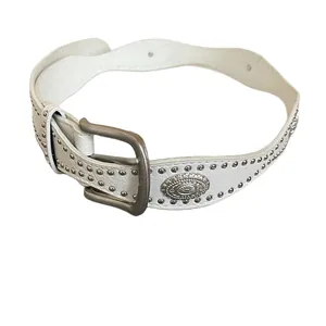 Western style white leather rivet belt with vintage butterfly metal buckle decoration