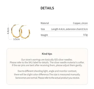 Detailed specifications of gold hoop earrings with zircon stones and sizing info.