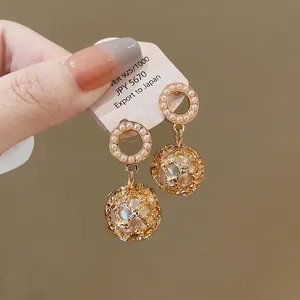 Vintage Hollow Metal Ball Artificial Pearl Stud Earrings With Silver Earring Post Gold Color Alloy Rhinestone Earrings For Women Jewelry