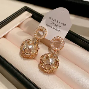 Vintage luxury pearl cage drop earrings with 925 silver needles for elegant women