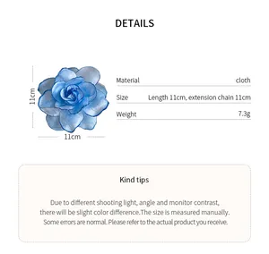 Detailansicht einer blauen Stoffblume mit 11 cm Maßen und 7,3 g Gewichtsinformationen
