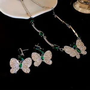 Vintage Alloy Rhinestone Butterfly Square Pendant Necklace Silver Green Inlaid Butterfly Stud Earrings Women Fashion Jewelry