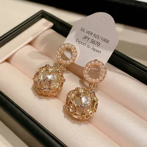 Vintage gold-plated lattice cage earrings with pearls and S925 silver needle studs