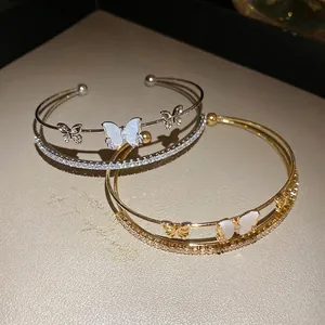 Brazalete de Mariposa de Circonia para Mujer Doble Capa Hueca de Cobre Con Perla Artificial Joyería de Lujo