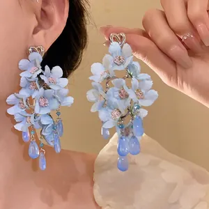 Orecchini Pendenti Vintage con Nappina e Fiori in Tessuto Blu Perno in Argento a Cuore Goccia di Vetro Gioielli per Donna