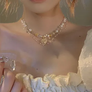 Elegantes Herz Künstliche Perle Künstlicher Kristall Quaste Anhänger Halskette Damen Palaststil Gold Schlüsselbeinkette Schmuck