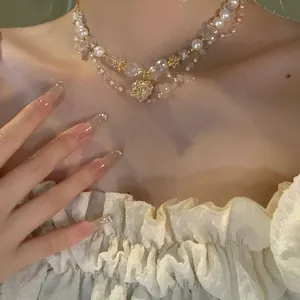 Elegante zweilagige Herzperlen Kristallkette für Damen modischer Schmuck Accessoires