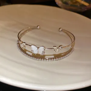Primer plano de una elegante pulsera de doble capa plateada con mariposas de circón