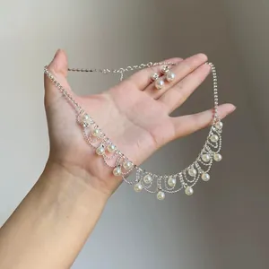 French Vintage Palace Style Artificial Pearl Rhinestone Fringe Necklace Silver Color Lace Tassel Choker For Women Banquet Jewelry