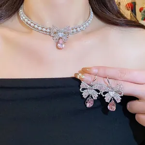 Korean Sweet Cool Butterfly Zirconia Tassel Jewelry Set Copper Pink Artificial Pearl Choker Necklace Earrings Jewelry