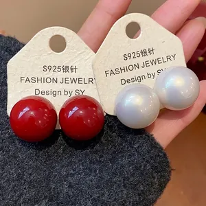 Orecchini a Bottone con Perla Artificiale Rotonda Semplice Francese Con Perno in Argento Sterling 925 Per Donna Rosso Bianco Champagne Elegante