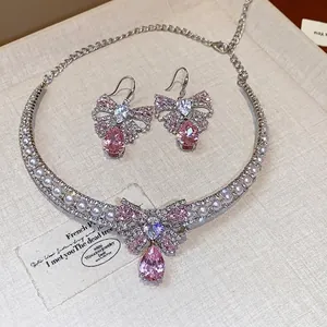 Korean style pink zircon butterfly bowknot necklace and earrings jewelry set for women
